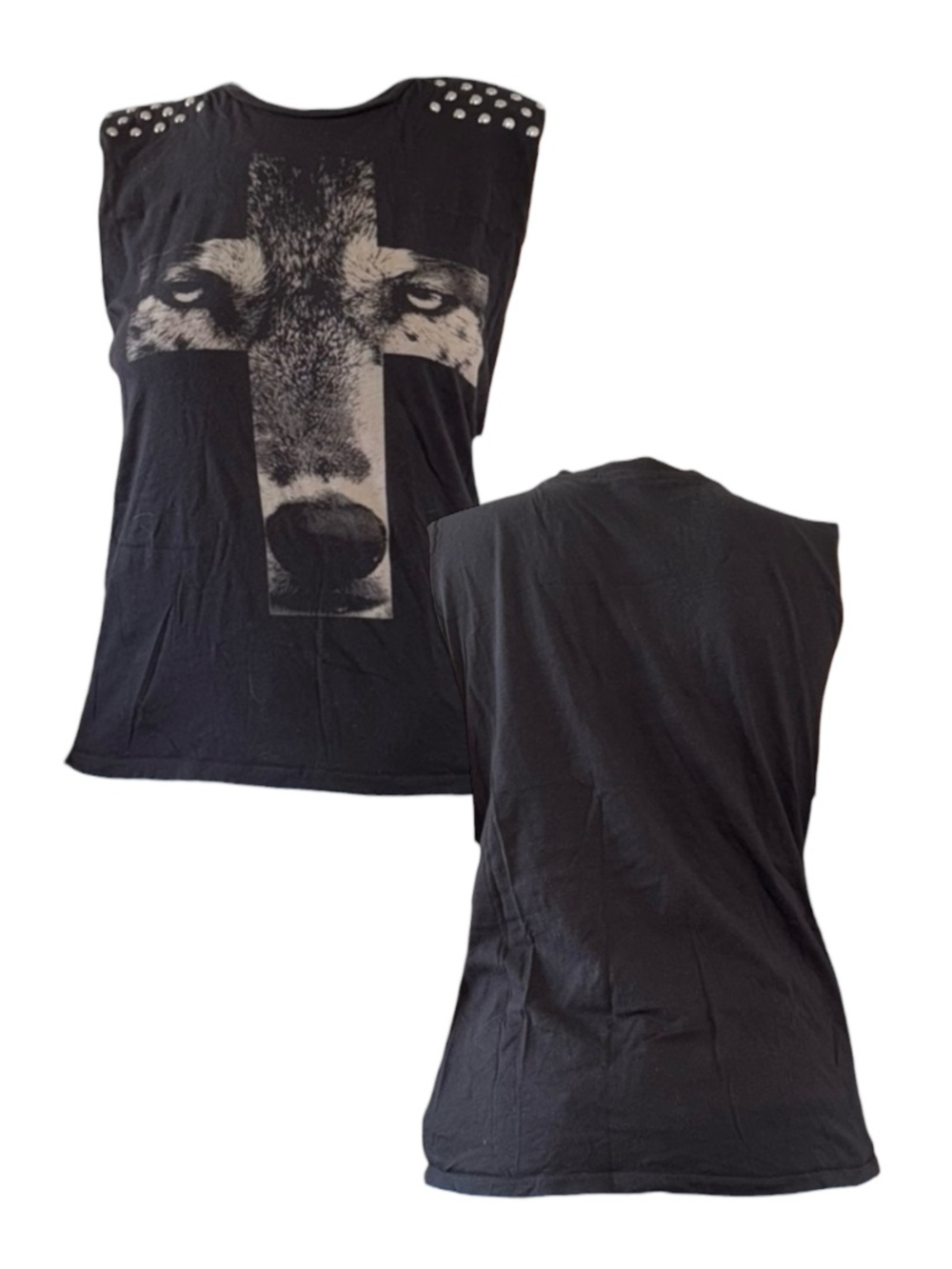 Forever 21 Black Muscle Tee with Studded Shoulders and Wolf Cross Graphic